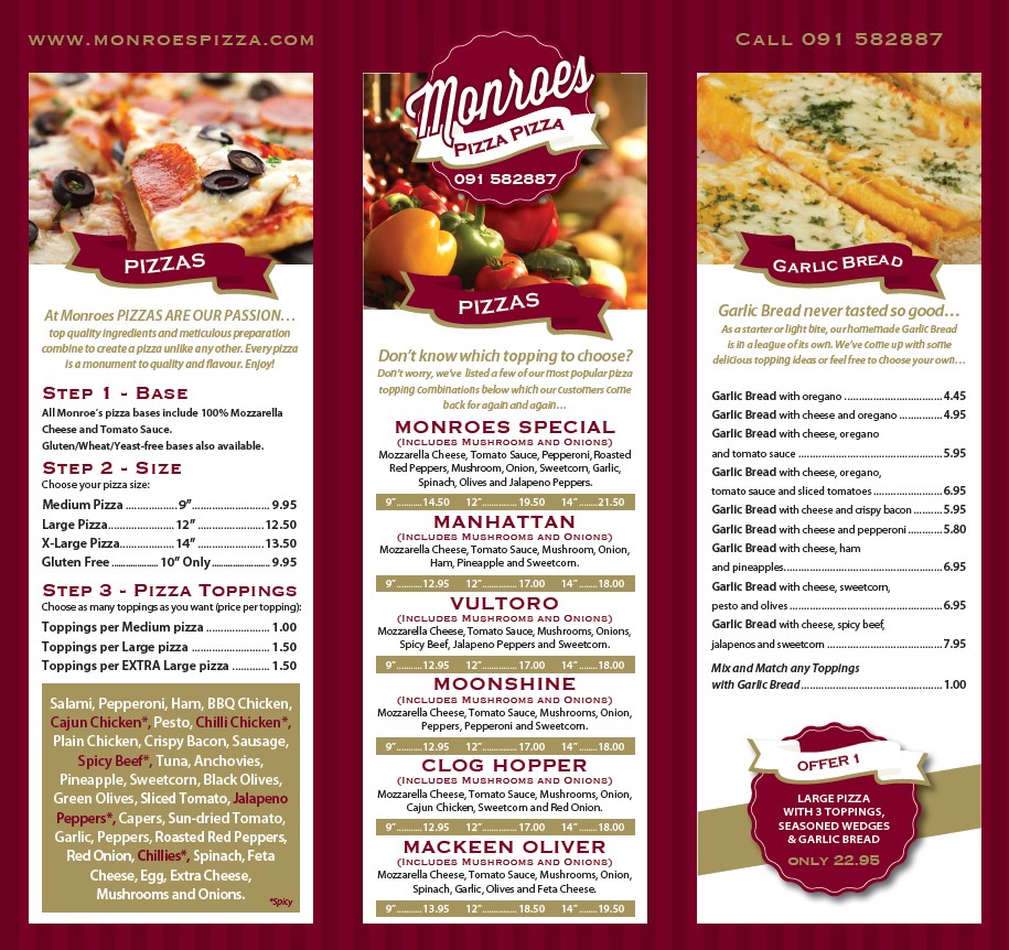 Menu Monroes Pizza Pizza Westport